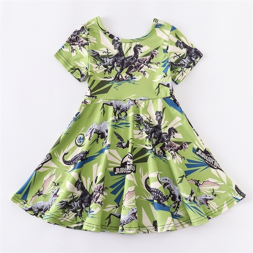 Exclusive Girlymax Summer Baby Girls Kids Clothing Milk Silk Print Twirl Dress Knee Length Short Sleeve Dino Castle 220707