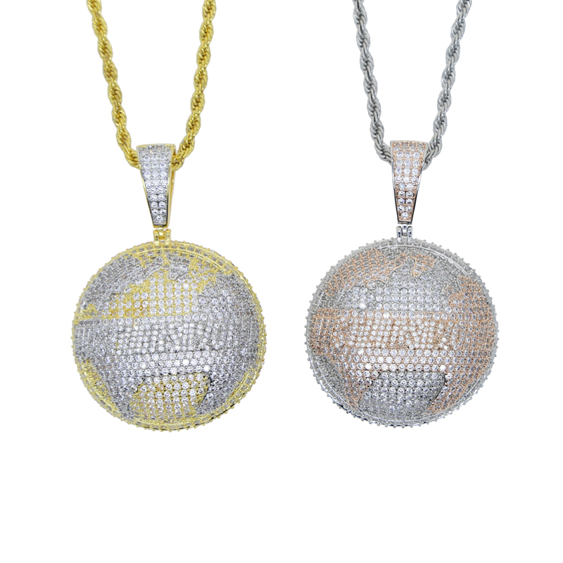 sdzstone Hip Hop Round Shaped Map Pendant Necklace with Rope Chain Bling Cubic Zirconia Paved Fashion Charm Men Women Jewelry