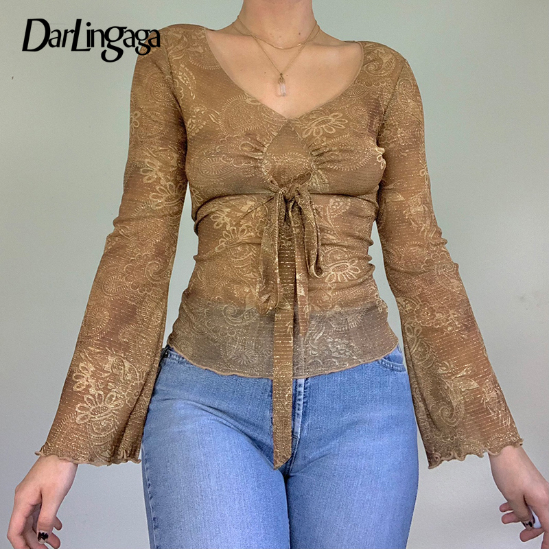 Darlingaga V Neck Floral Printed Bow Mesh T shirt Women Tops Flare Sleeve Retro Grunge Fairycore Lace Up Aesthetic Pullovers 220714