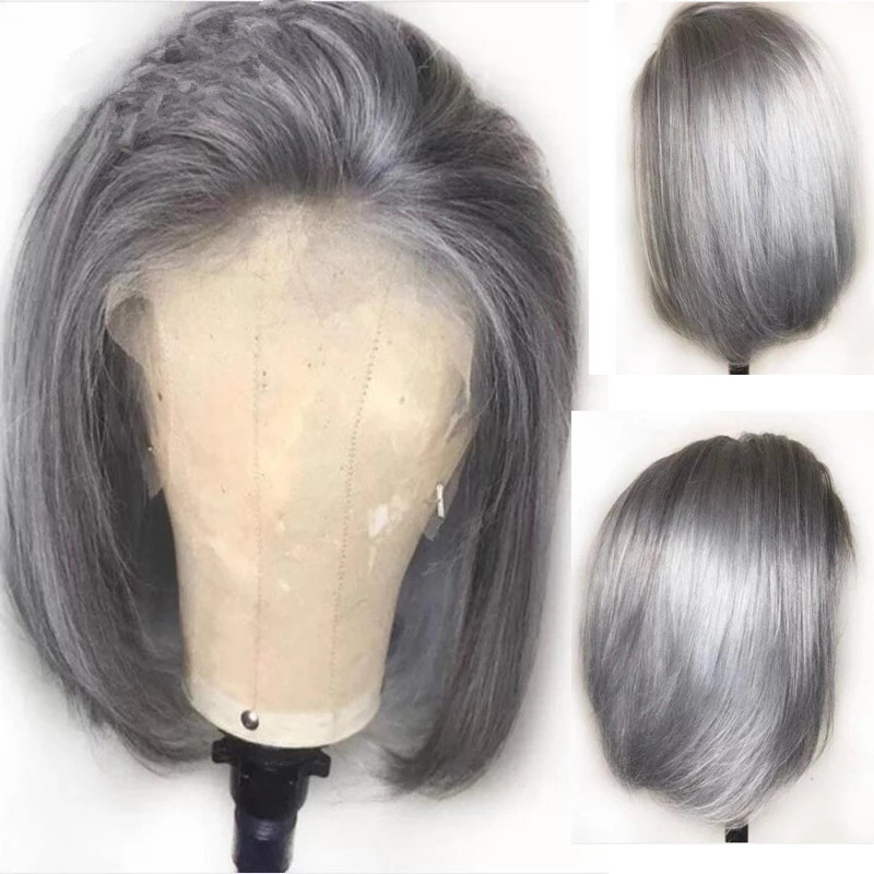 Silver Grey Short Bob Wig hd transparent perruque Lace Front Human Hair Wigs For Women Transparent gray closure Frontal Brazilian 150% density diva2