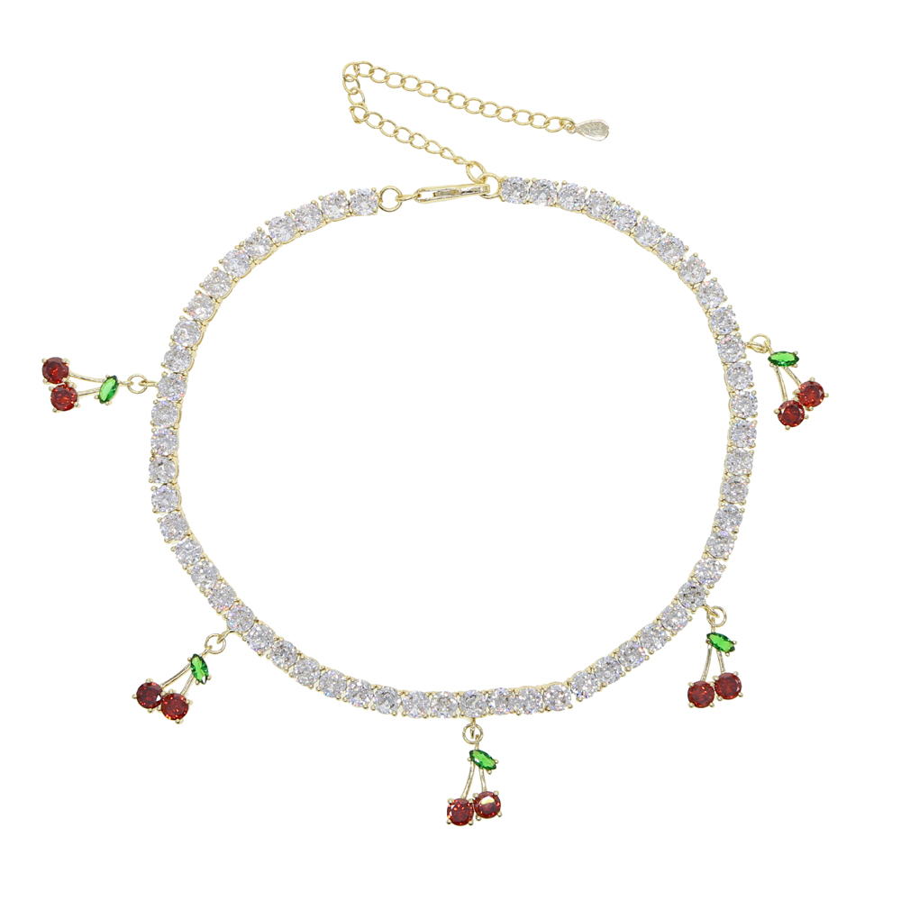Promotion summer new cute cherry charm necklace clear cz tennis chain choker women necklace 32+10cm