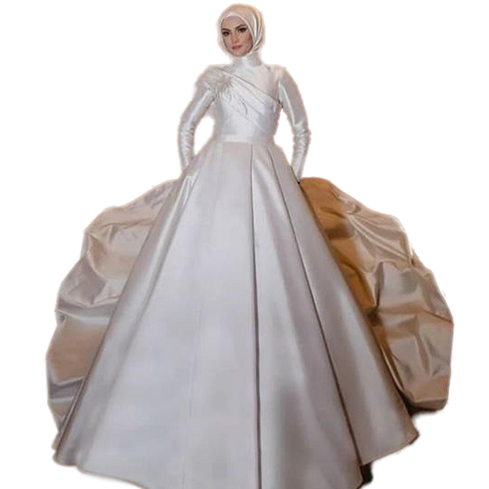 Modest Muslim Kaftan A Line Hijab Wedding Dress 2022 Long Sleeves High Neck Ivory Satin Bridal Gowns Gelinlik Chapel Train Islamic Bride Dresses
