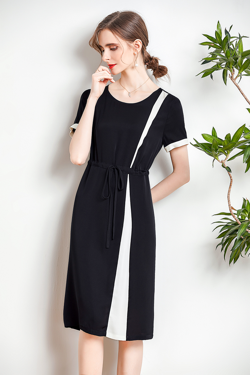 92.3% Heavy Silk 7.7% Spandex Women's Dress O Neck Short Sleeves Lace Up Color Block Elegant Fashion Runway Dresses