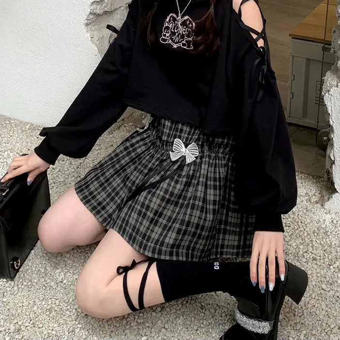 HOUZHOU Kawaii Gothic Lolita Plaid Skirt Women Goth Bow Black High Waist A-line Mini Skirts Japanese Style Harajuku Soft Girl 220317