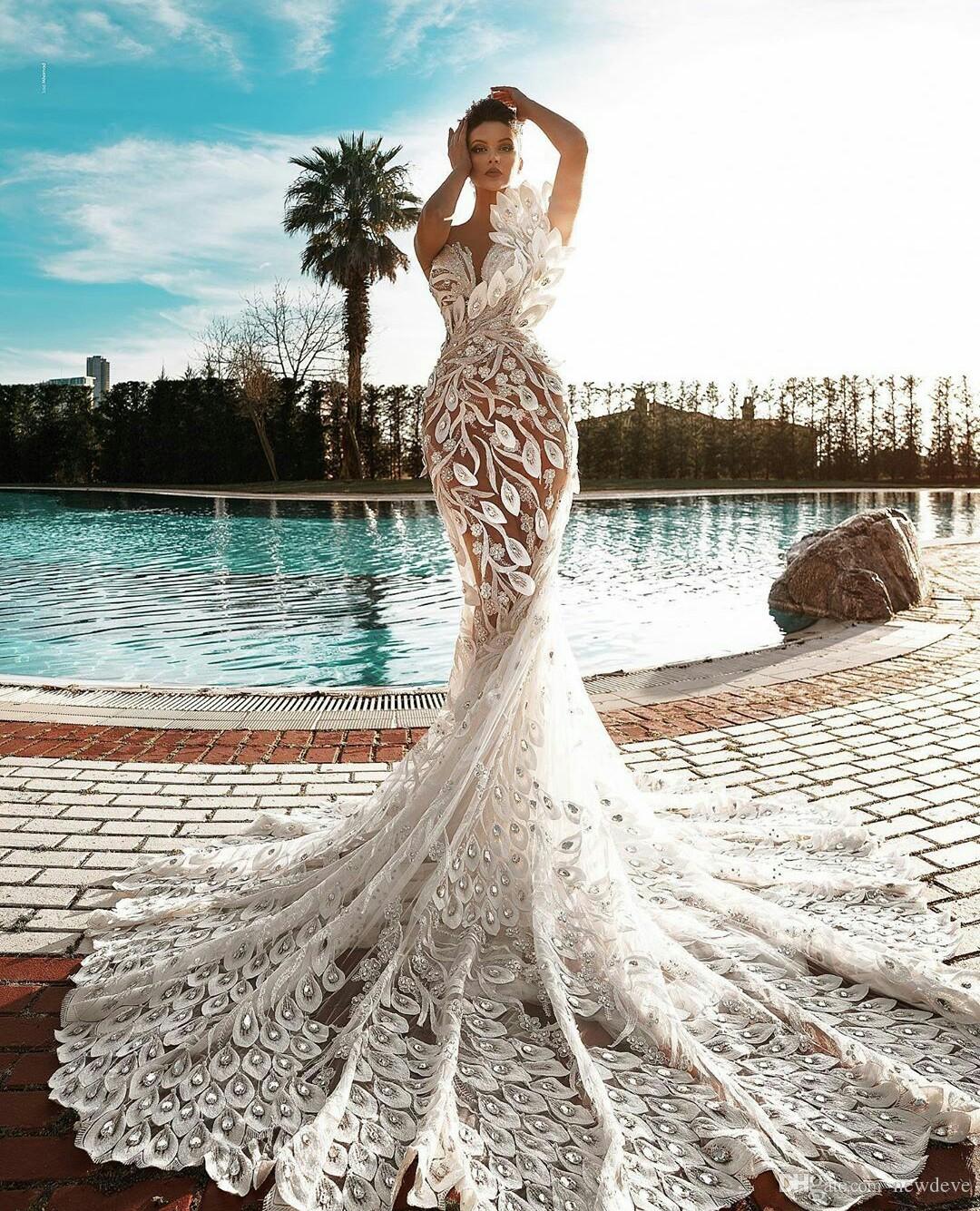 Mermaid Wedding Dress Scales Sleeveless V Neck Appliques Sequins Lace Hollow Pea Style Illusion Custom Made Ruffles Bridal or Length
