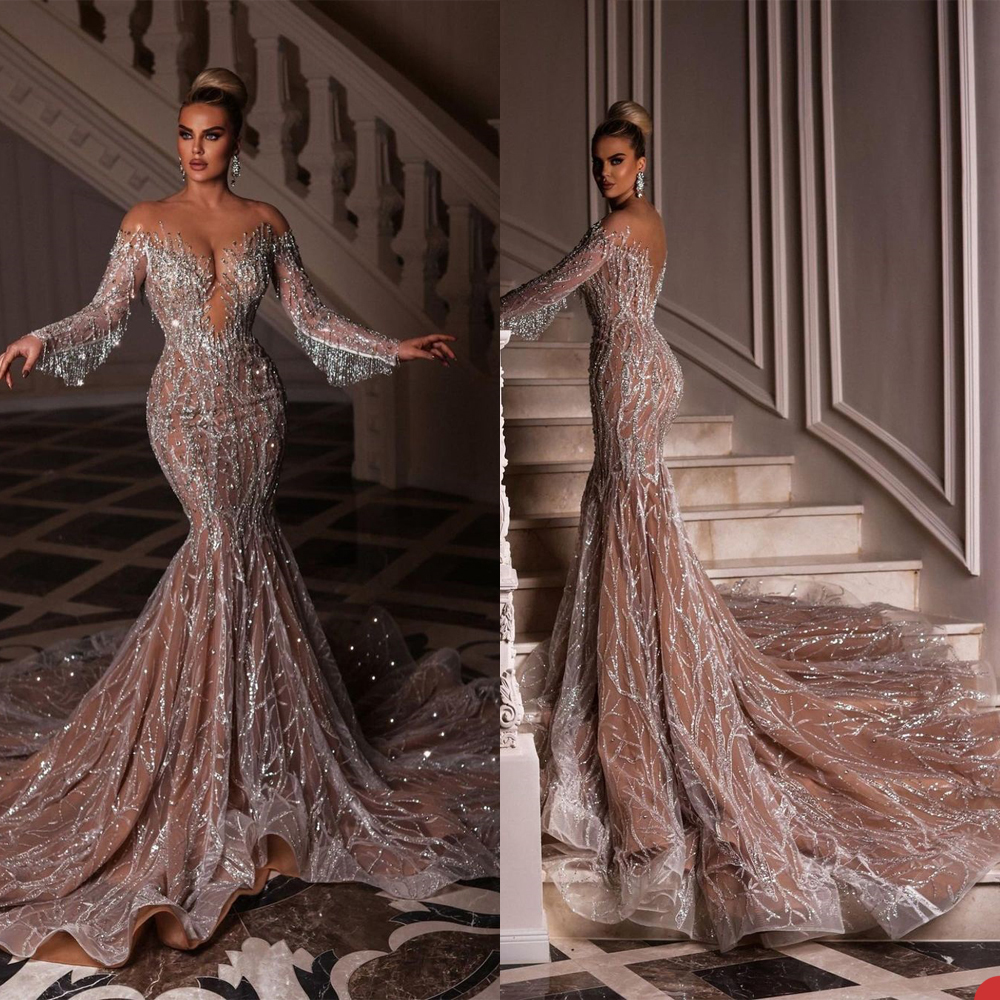 Luxury Mermaid Wedding Dresses Sequins Beads Off Shoulder Long Sleeve Lace Crystal Beaded Sexy Bride Dress Wedding Gowns Custom Made