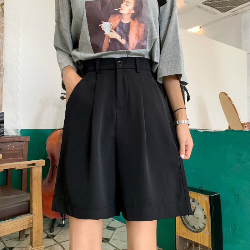 Shorts Women Summer Button Kneelength Black Wideleg Loose Drape Koreanstyle Casual Womens Office BF Streetwear Fashion Simple 220527