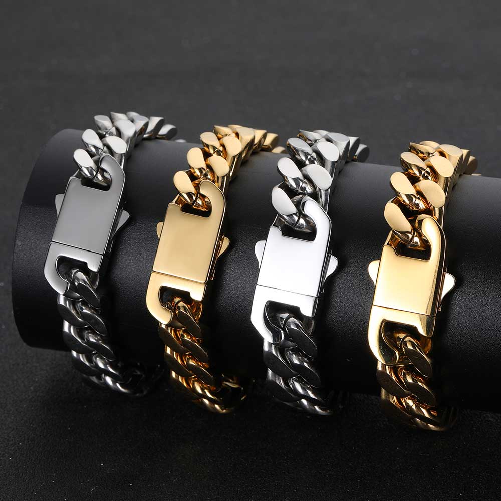 Cuban Link Chain Necklace Bracelet Jewelry Set Heavy 18K Gold Plated Stainless Steel Metal Necklace for Boys Girls with Design Spring Buckle