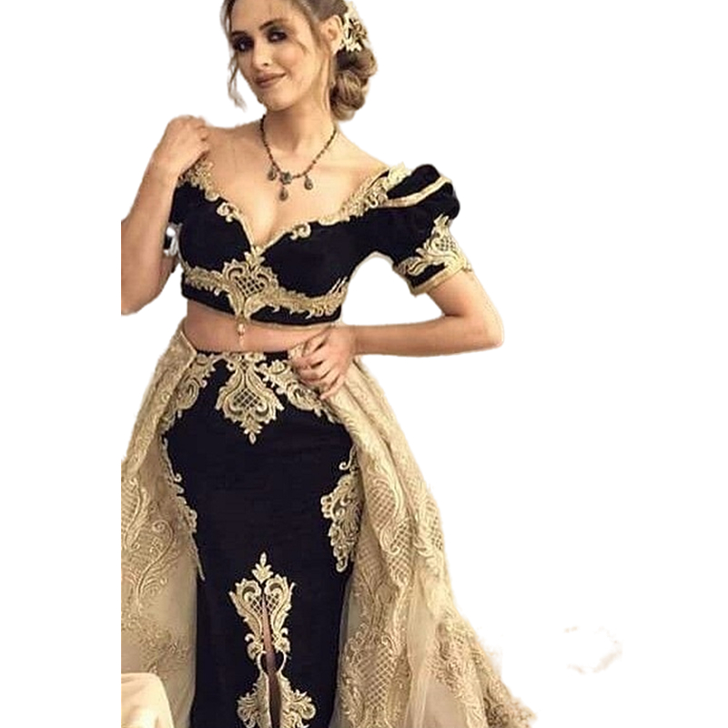 Vintage Arabic Dubai Black Sheath Evening Dresses With Gold Lace Long Train Princess Short Sleeve 2 Piece Formal Evening Party Gowns Slit Front Chic P