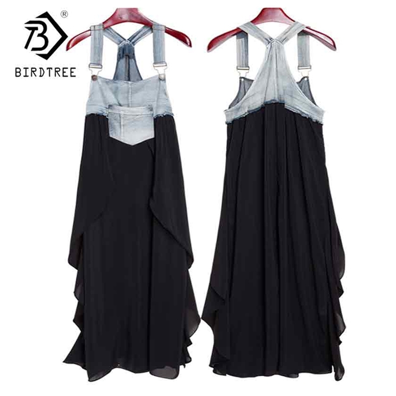 Summer Women Plus Size Square Collar Elegant Pocket Patchwork Strap Loose Casual Chiffon Jeans Black Dresses D93227X 220510