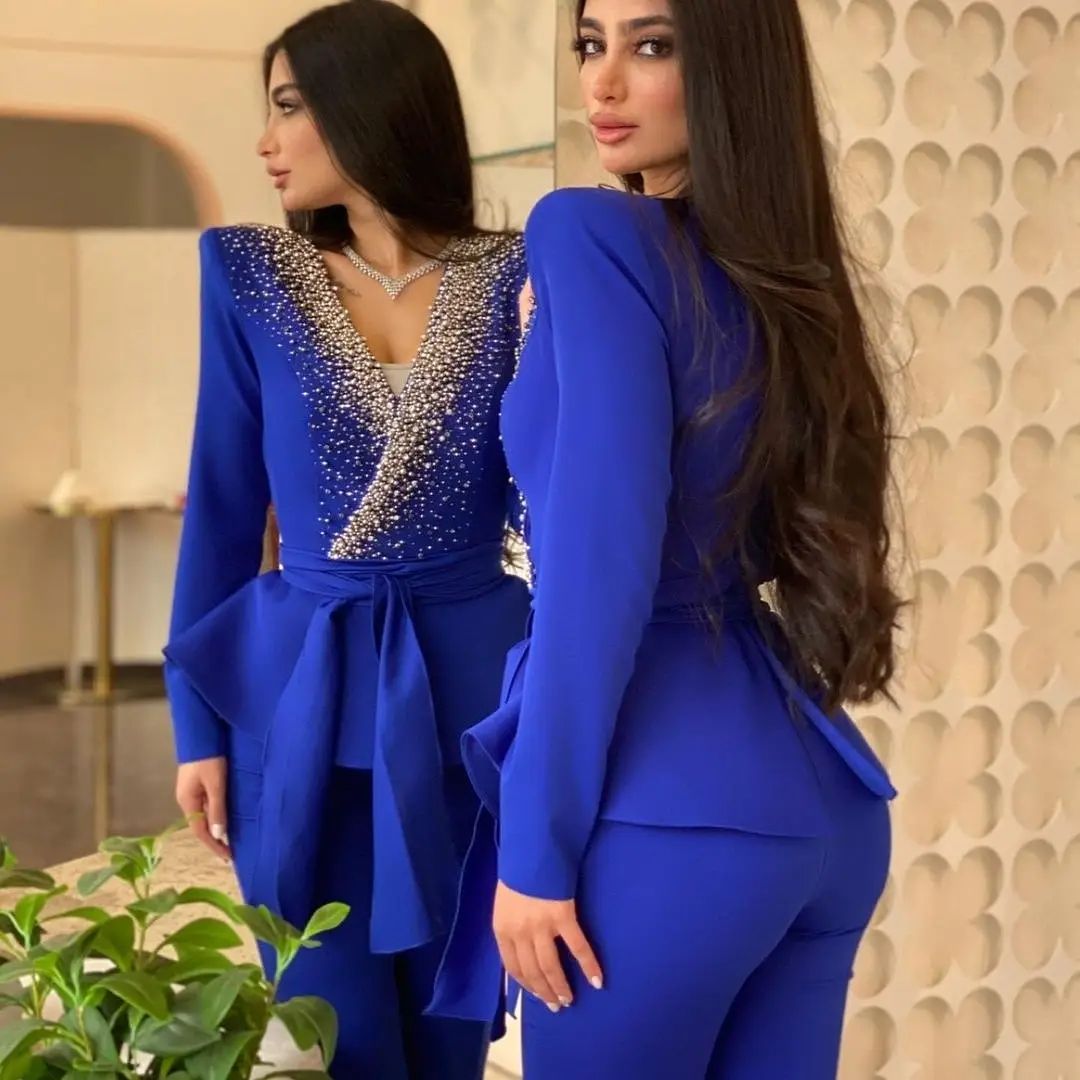 Black Fashion Long Sleeve Prom Jumpsuit Dress 2022 Beaded Peplum Women Outfit Evening gown Party Tuxedos Formal Wear pant suit