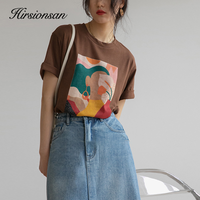 Hirsionsan Aesthetic Printed T Shirts Women Soft Vintage Loose Tees Abstract Graphic Cotton Tshirts Summer Casual Tops 220321