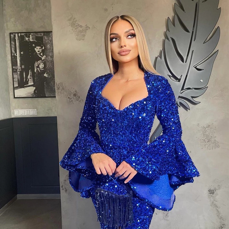 2022 Royal blue Sequins Mermaid Evening Dresses Long Sleeves Front Slit Party Night Gala Dress Formal Party Gown Occasion Prom Dress B0418