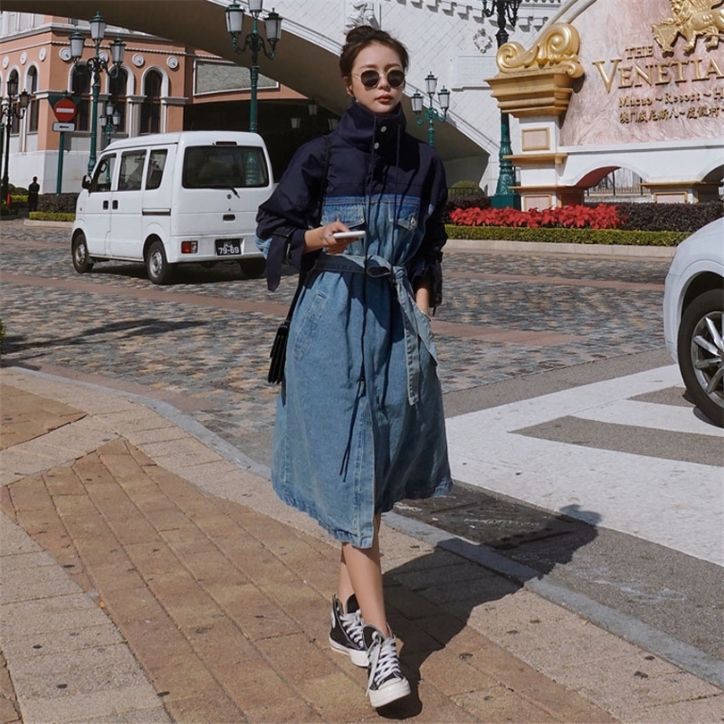 2020 Denim Trench Coat For Women Streetwear Loose Long Coat Women with belt Jeans Trench Coat Female Windbreaker Femme FY71 T200810