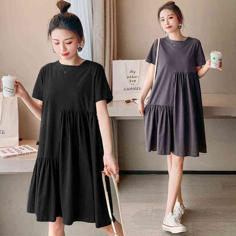 Summer Irregular Large Yards Pregnant Women Knitted Dress Short Sleeve Oneck Maternity Pleated Dress Casual Woman Clothing J220628
