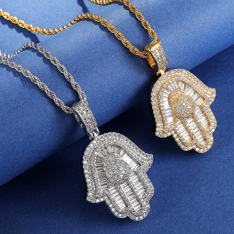 Chains Hamsa Hand Pendant Necklace Women Men Iced Out CZ Gold Color Of Fatima Choker Islamic JewelryChains Godl22