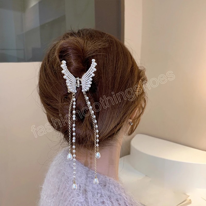 Fashion Pearl Tassel Butterfly Hair Claw Female Elegant Hair Accessories Butterfly Side Clip Headdress