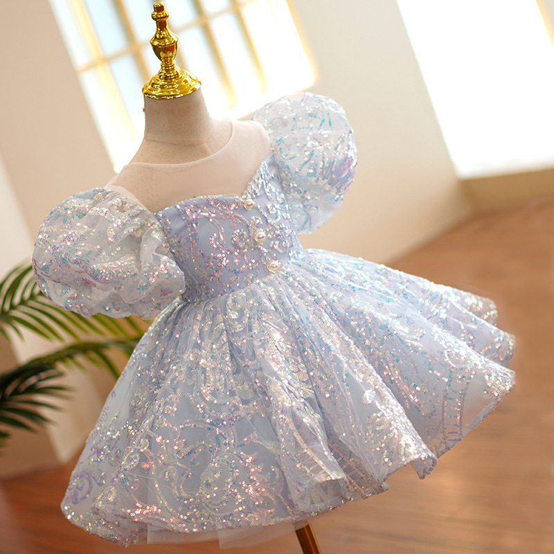 2023 blue Ball Gown Flower Girl Dresses for Wedding See Through Beaded Puffy Little Girls Pageant Dress sequined Toddler First holy Communion Gowns