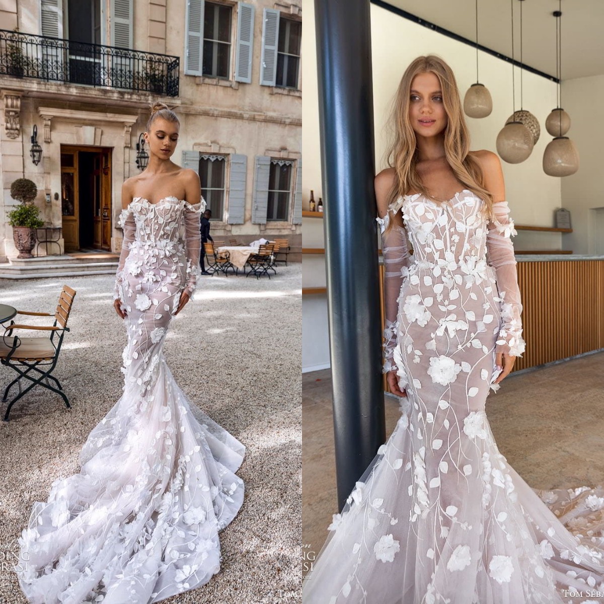 Sexy Lace Mermaid Wedding Dresses Off The Shoulder Long Sleeve 3D Floral Bridal Gown Boho Country Berta 2023 Backless Vestido De Novia