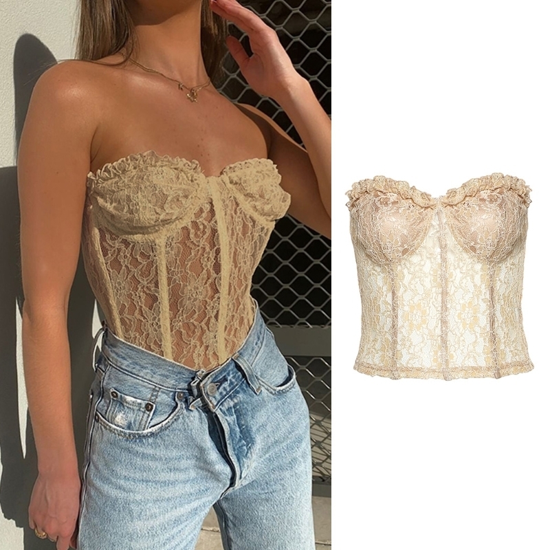 Women Sexy Strapless Sheer Mesh Crop Top Ruffles Floral Lace See-Through Corset Bustier Club Party Bralette Underwear 220325