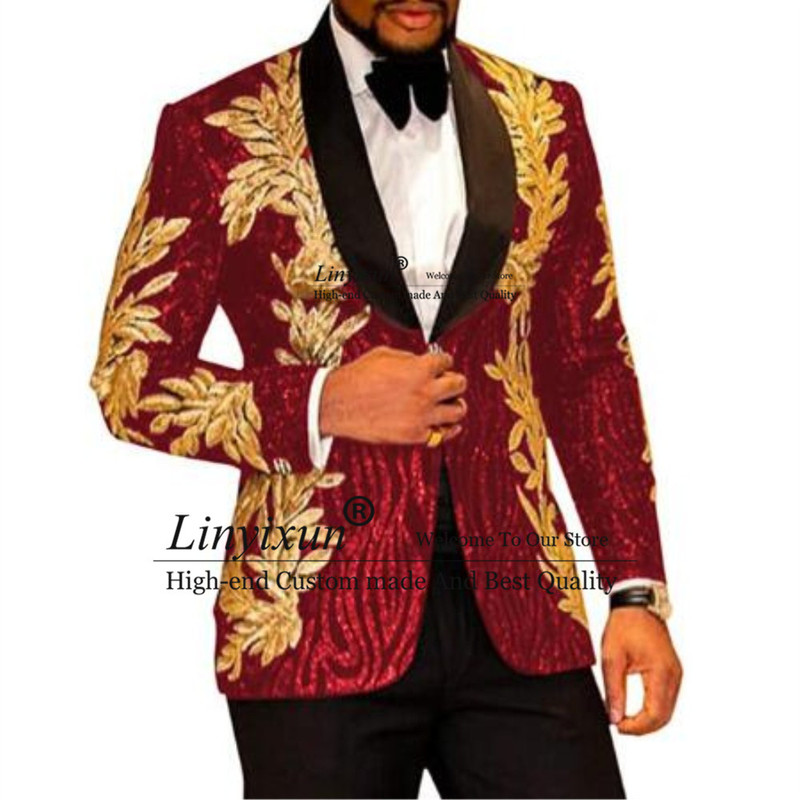 Slim Fit terno masculino Shiny Sequins Gold Applique Suits Men Prom Tuxedos Grooms Set 2 PiecesBlazerPants Costume Homme 220817