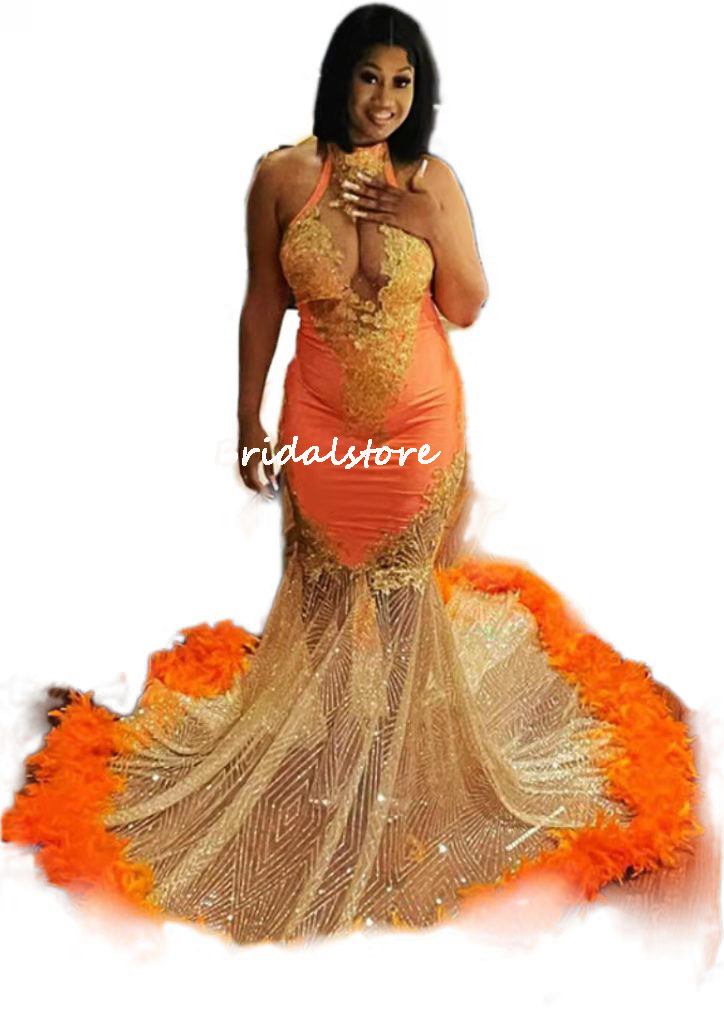 Plus Size Aso Ebi African Evening Dress Nigerian Sparkly Sequin Orange Black Girls Prom Dresses 2022 High Neck Feather Party Gowns For Special Occasio
