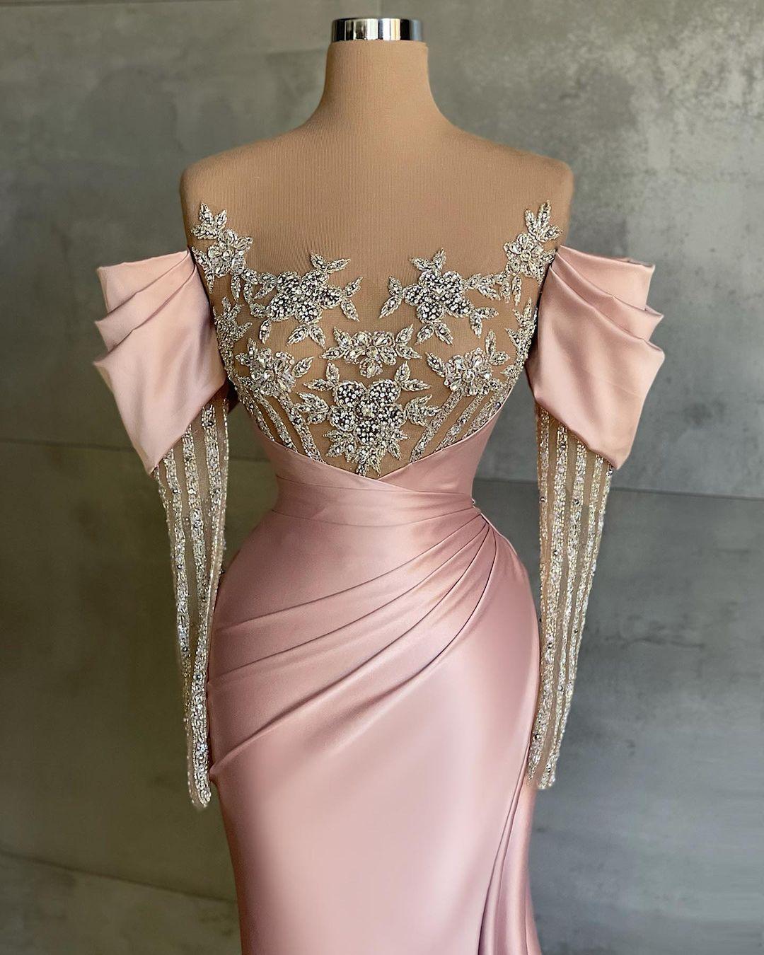 Pale Pink Mermaid Prom Dresses with Long Sleeve 2022 Plus Size Arabic Aso Ebi Luxurious Beaded Crystal Evening Second Reception Birthday Engagement Go