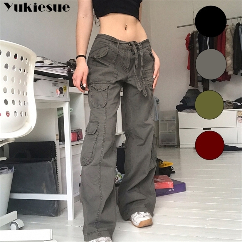 Retro gray overalls wide leg cargo women pant's trousers sexy low waist loose casual vintage streetwear 220325