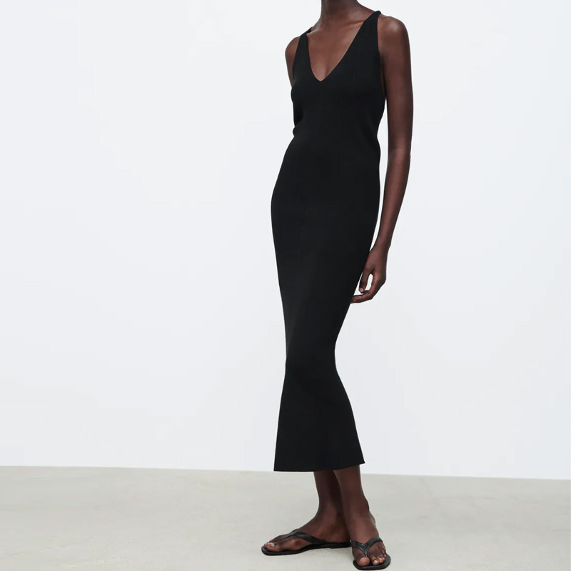 Xitimeao Summer Woman Slim Knitting Dress Sexy Back Hollowed Out Off Shoulder Sling Chain Decoration Long Dresses 220316