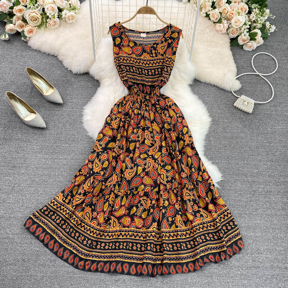 Summer new design womens beach holiday ethnic geometric floral print o-neck sleeveless cotton fabric elastic waist maxi long big expansion dress