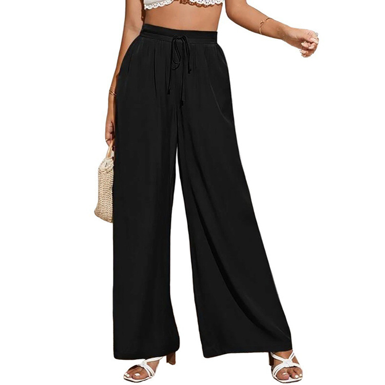 pants European and American summer new women's high waist casual trousers solid color elastic waist tie loose wide leg women