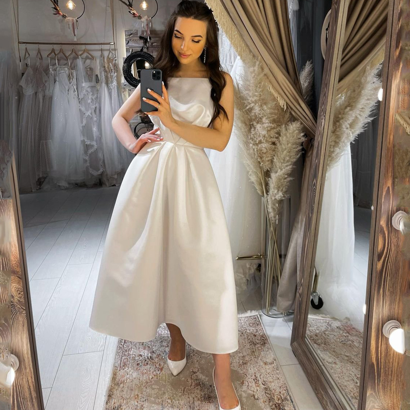 Sexy Wedding Dresses Spaghetti Straps Satin A-Line Bride Gowns 2022 Tea Length Simple Robe Mariage Vestidos De Noiva