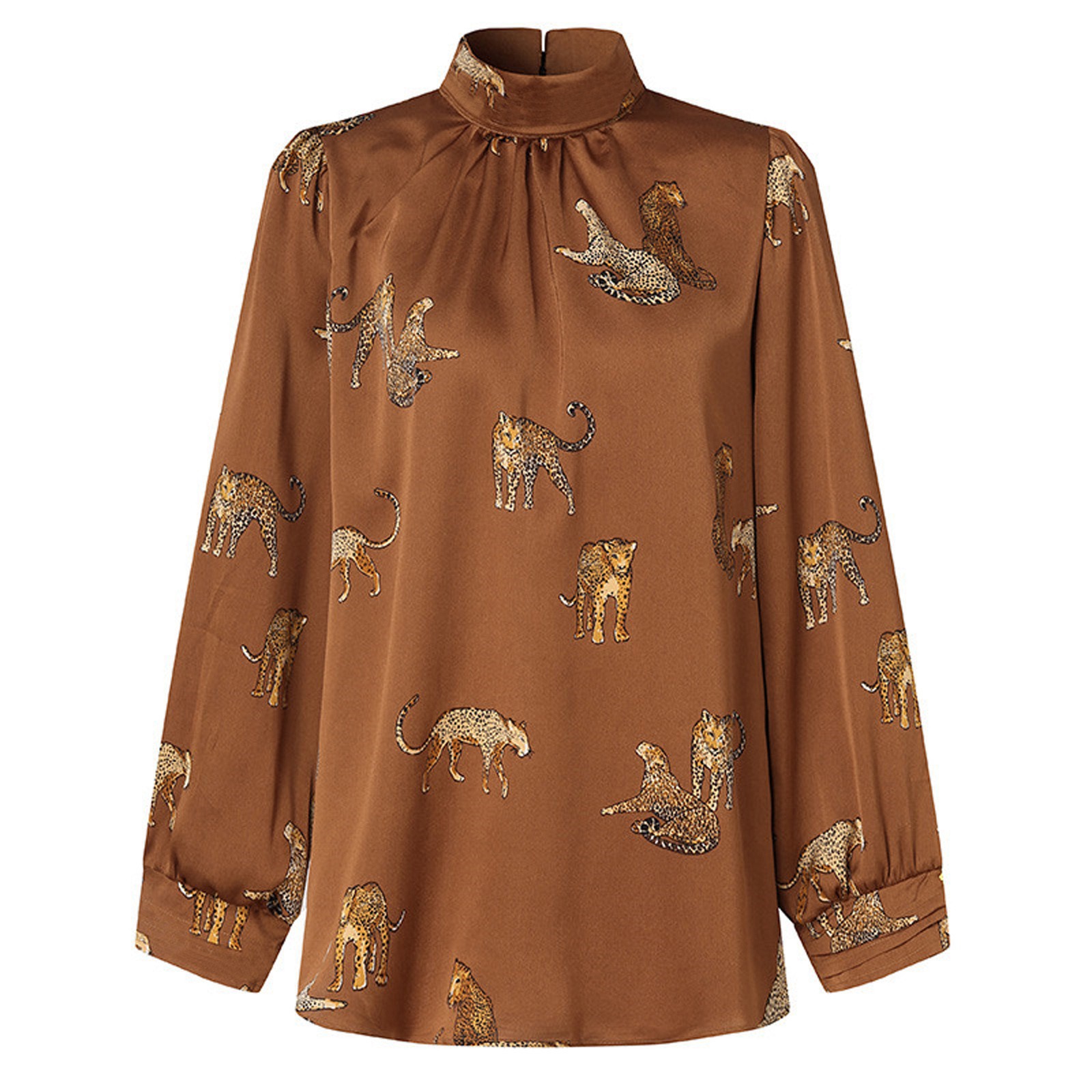 2022 Women Satin Elegant Blouses Tiger Print Long Sleeve Shirts Tunic Summer Stand Collar Party Top Casual Blusas Femininas