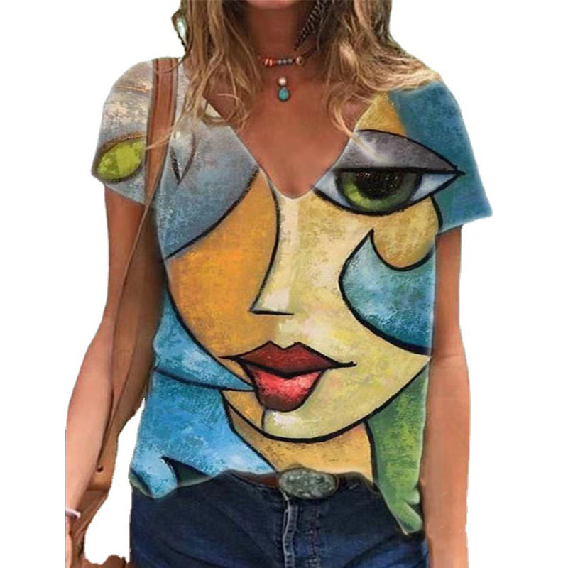 V Neck Tshirt Women's Summer Casual Oversize Print Shirt Tops Loose Vintage Female Tee Streetwear Y2K Short Sleeve Clothes S-5XL 220321