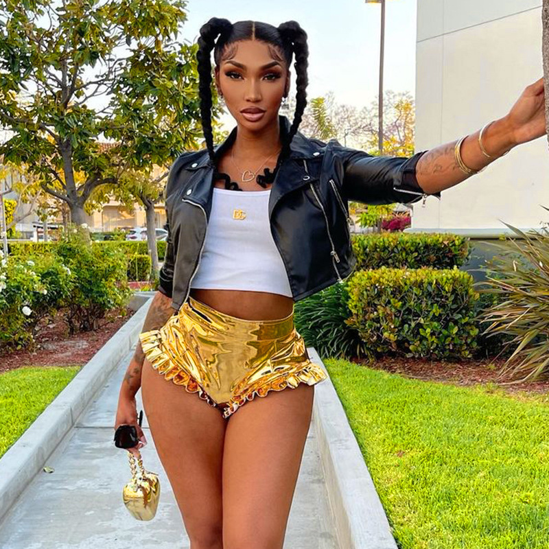 Womens Shiny Metallic Shorts Summer High Waist Solid Color PU Leather Ruffle Trim Short Pants GoldSilverPink 220527