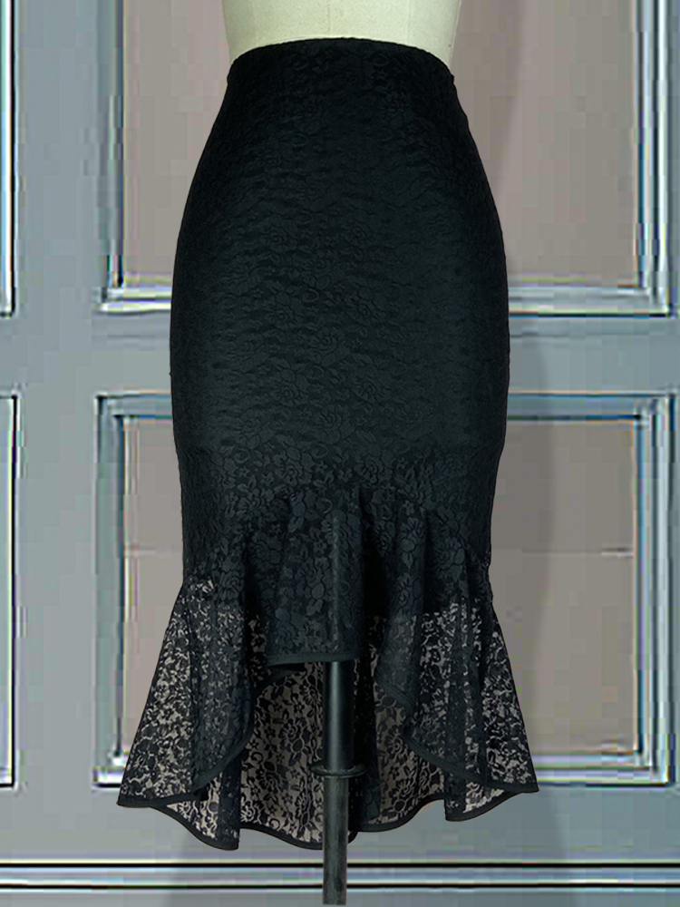 Women Black Lace Skirt High Waist Slim Midi Modest Classy Irregular Length Female Package Hip Jupes Falad Office Elegant Fashion 220317