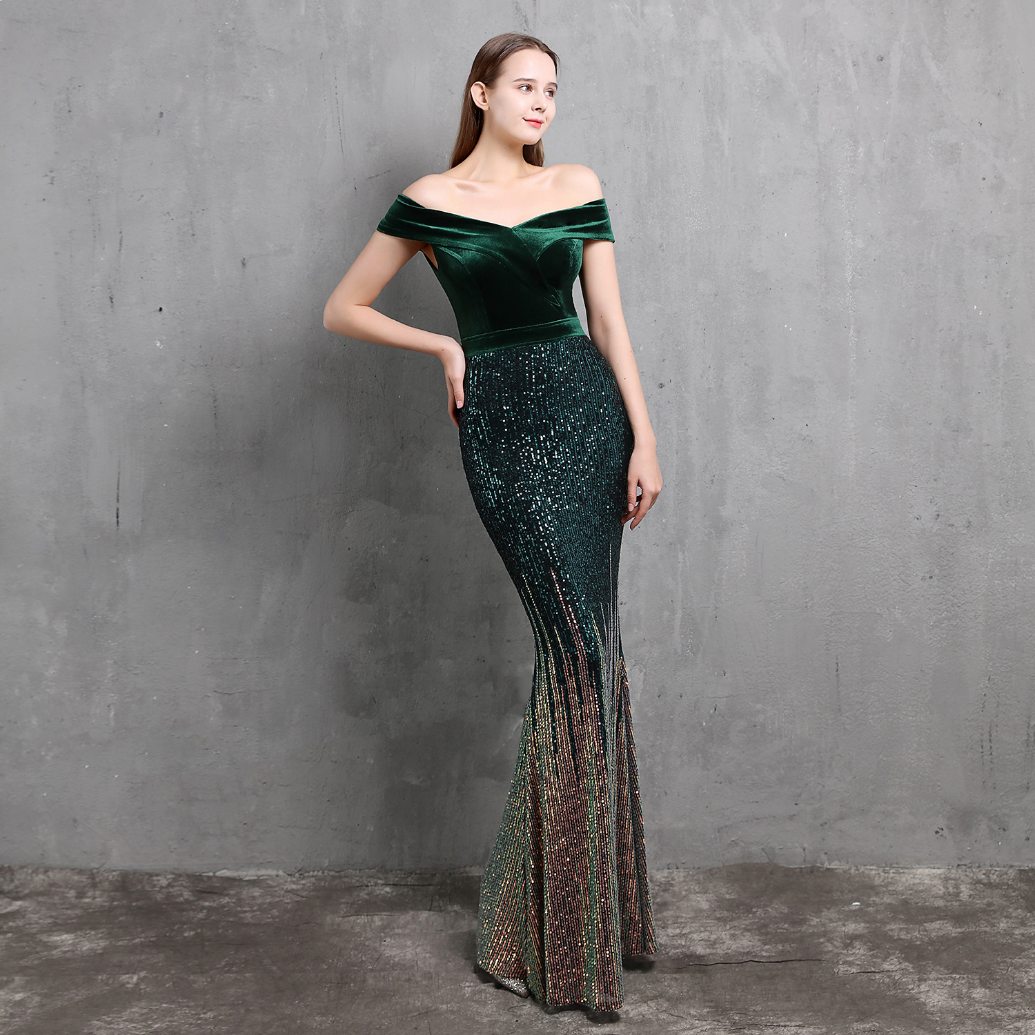 Elegant Mermaid Velvet Evening Dress 2022 Off The Shoulder Colorful Sequin Long Prom Dresses Plus Size Formal Sparkly Women Party Gown Vestidos De Fie