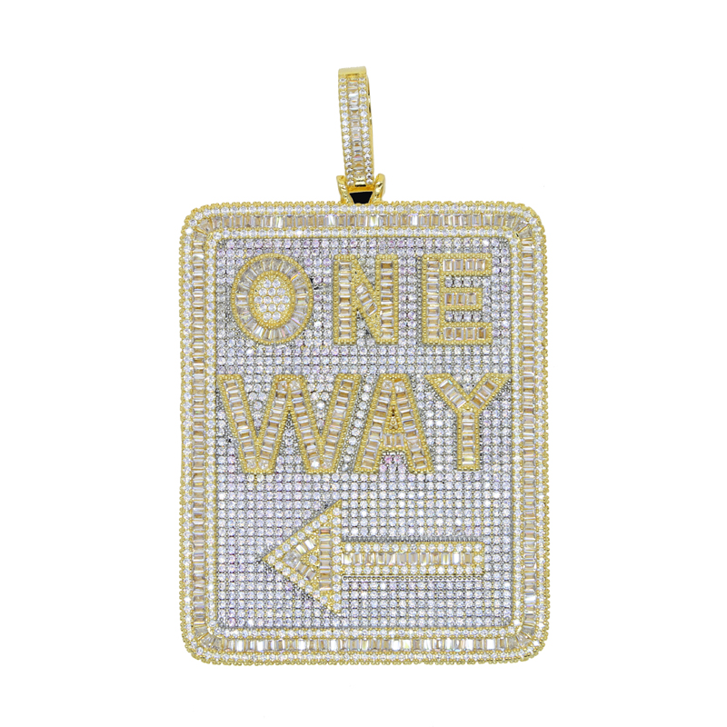 New Iced Out Bling Direction Signs Pendant Necklace Cubic Zirconia Letter One Way Charm Men Fashion Hip Hop Jewelry
