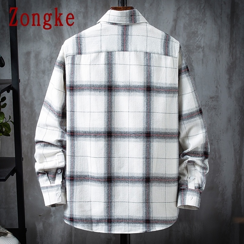 Zongke Casual Shirts For Men Clothing Fashion Long Sleeve Plaid Shirt Men Harajuku Checkered Men Shirt Long Sleeve M-3XL 220401