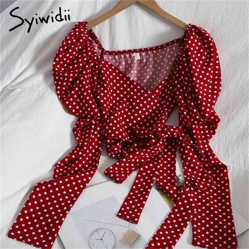 Polka Dot Blouses Women V Neck Long Puff Sleeve Shirts Bow Lace Up Short Tops Summer Fashion White Black Red 210607
Polka Dot Blouses Women V Neck Long Puff Sleeve Shirts Bow Lace Up Short Tops Summer Fashion White Black Red 210607