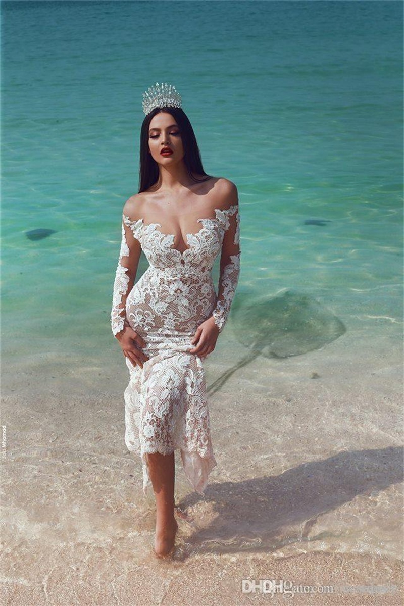 Fashion Mermaid Wedding Dress Long Sleeves V Neck Off Shoulder Appliques Sequins Detachable Train Illusion Custom Made Ruffles Bridal or Length