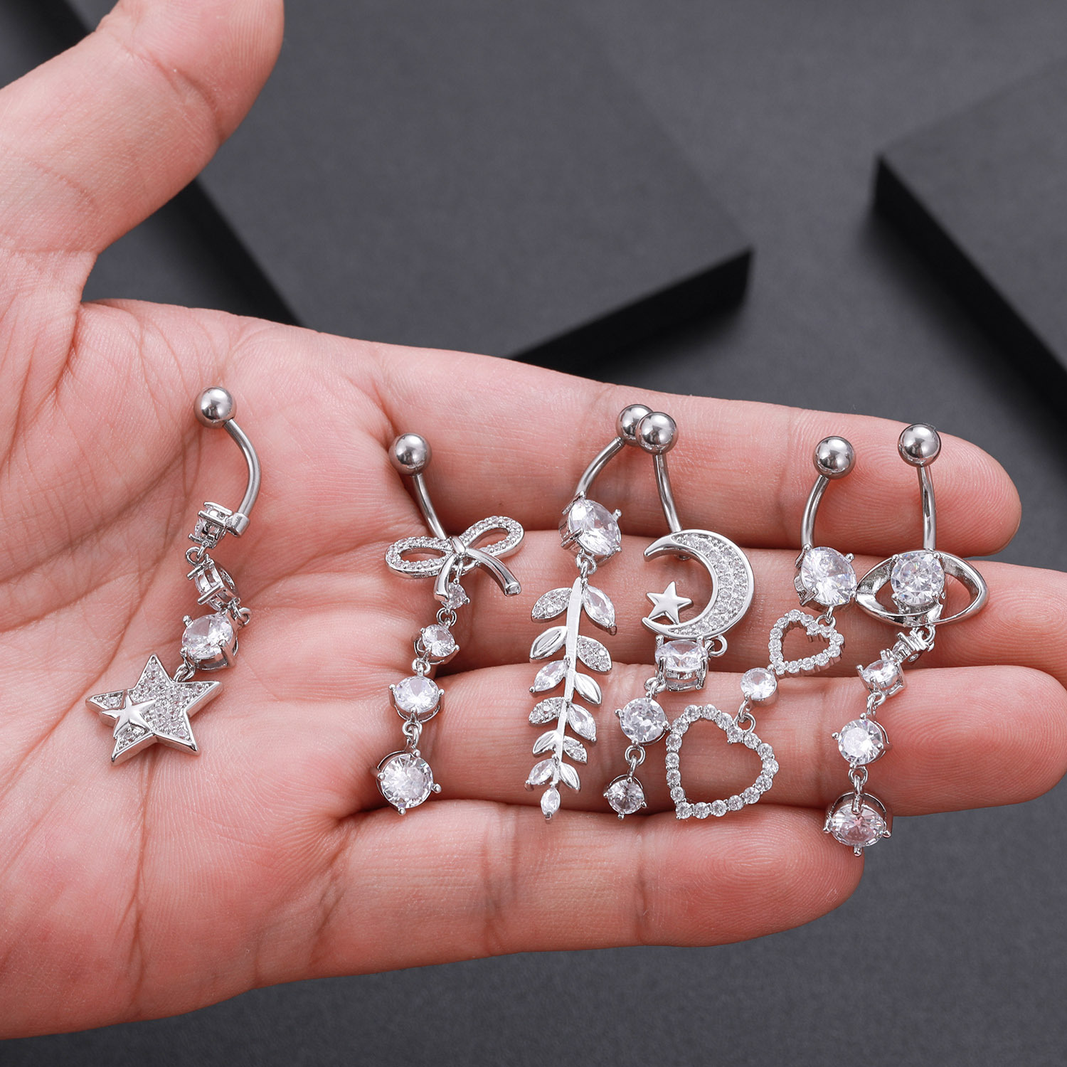 2022 Belly Button Ring Diamond Butterfly Dangle Navel Barbell Stud for Women Surgical Titanium Stainless Steel Rose Gold Cubic Zirconia Piercing Bling