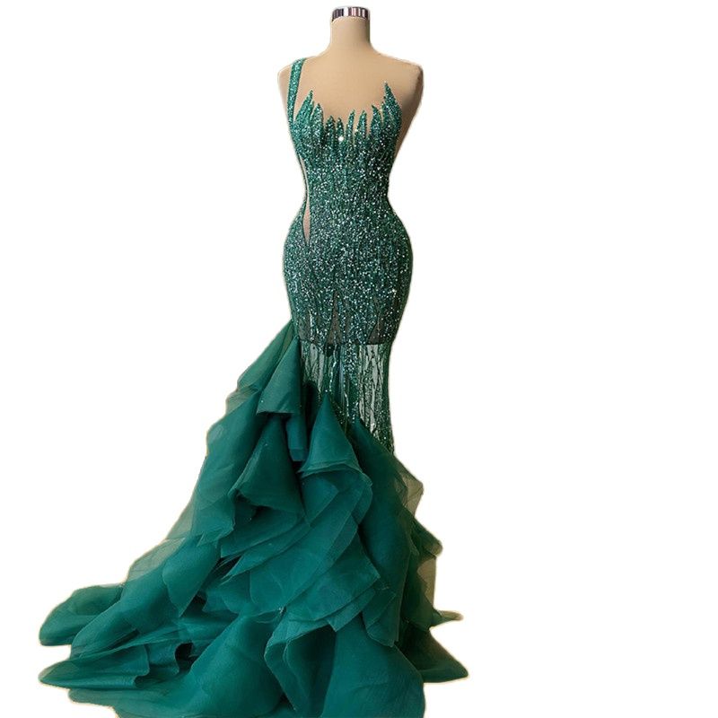 Sexy Beading Green Mermaid Prom Dress Plus Size Formal Women Tiered Tulle Evening Dresses Custom Made Vestidos