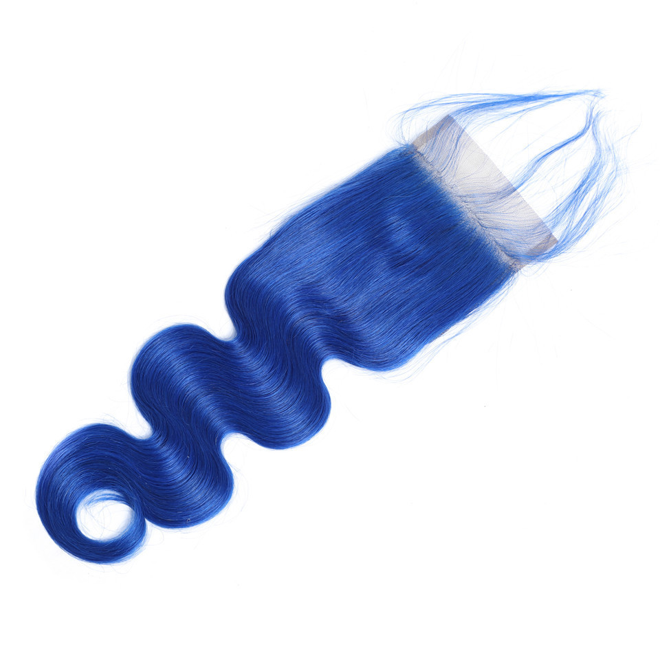 4x4 Transparent Lace Closure Only Colored Blue Human Hair Pre-plucked Brazilian Body Wave Remy Hair