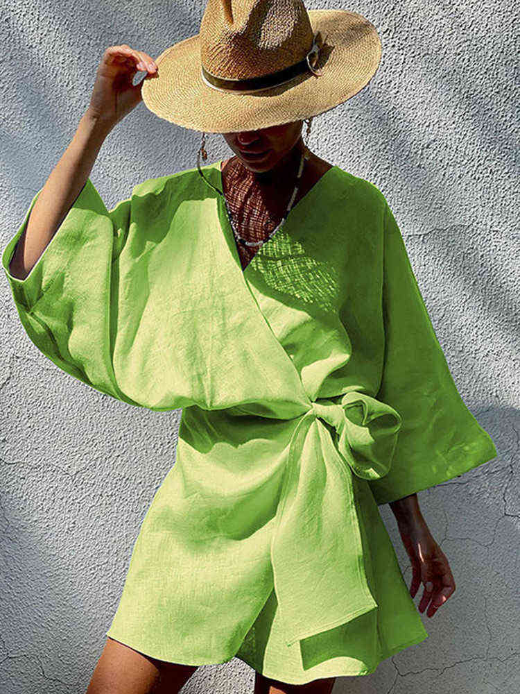 Women's Linen Cotton Solid Color Mid-length Lantern Sleeve Dress 2022 Summer New Light Breathable Irregular Lace Up Mini Robe T220816