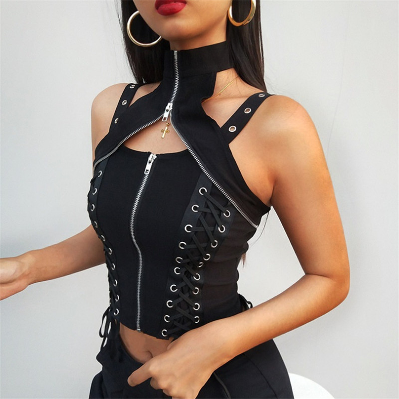 NCLAGEN Sleeveless Zipper Choker Halter Gothic Black Tank Bandage Fitness Crop Top Punk Camis Women Bodycon Strap Clubwear Tops 220325