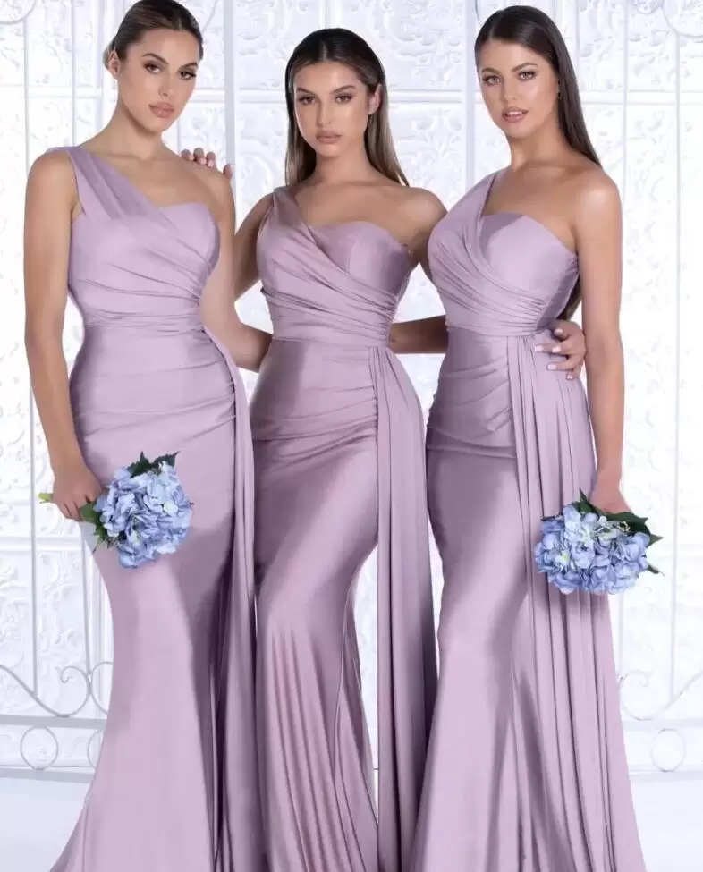 Blush Pink African One Shoulder Mermaid Bridesmaid Dresses Floor Length Wedding Guest Gowns Junior Maid Of Honor Dress Ribbon Party Gown BC12587 0726