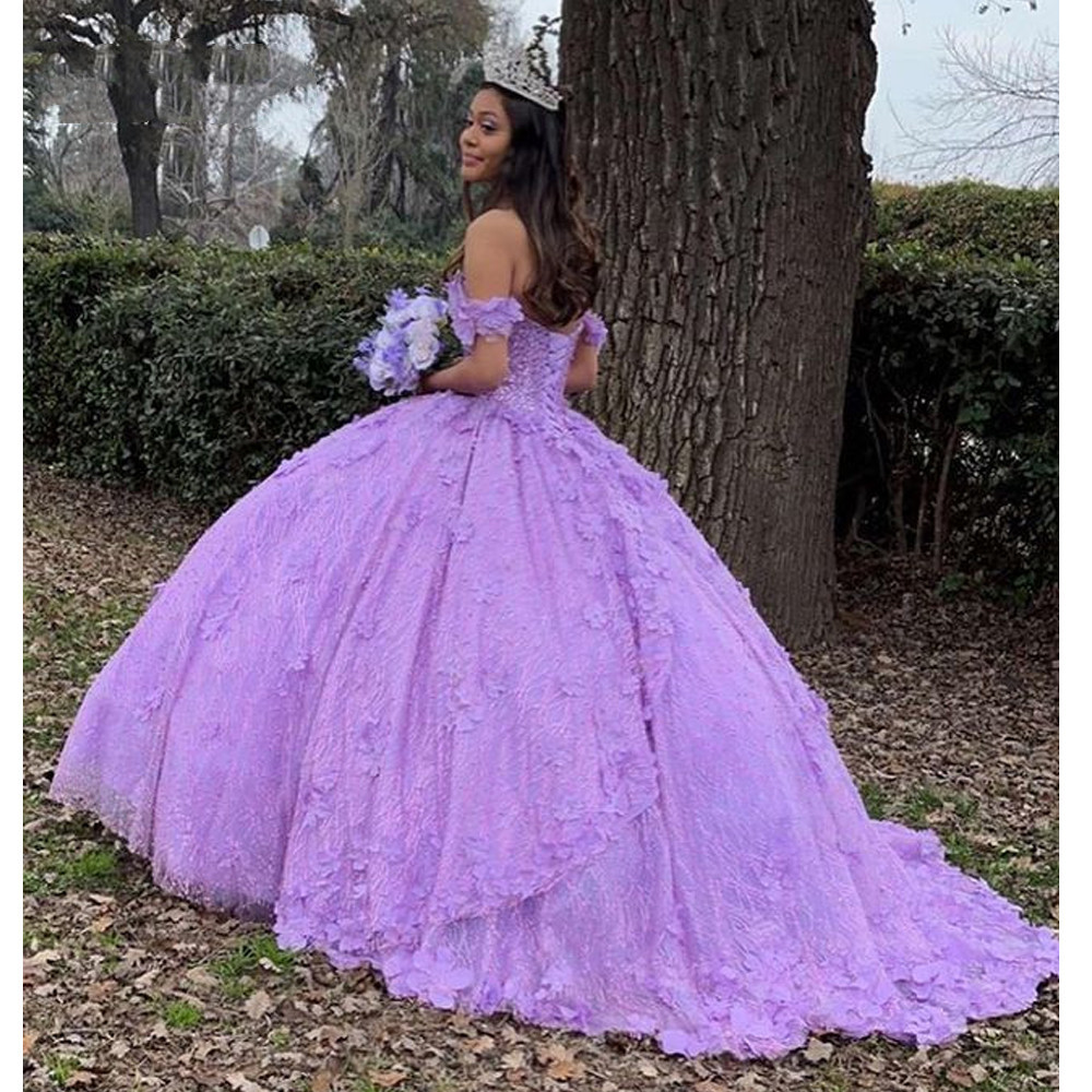 Lavender lilac Quinceanera Dresses Puffy 2022 Off Shoulder Lace-up corset Appliques Sequins Party prom Sweet 15 Ball Gown Tiered