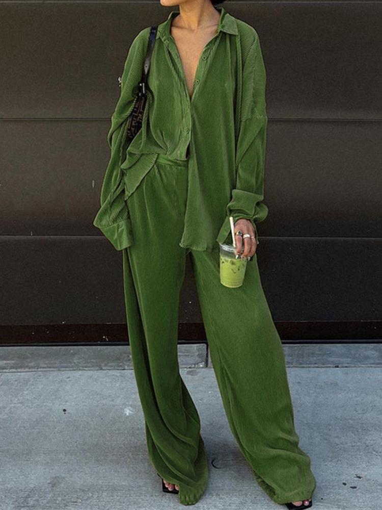 Women' Two Piece Pants VAREY LIN Spring Autumn Women Casual Set Lapel Single Breasted Shirt Elastic Waist Wide Leg Fashion SuitsWomen, Green
Women' Two Piece Pants VAREY LIN Spring Autumn Women Casual Set Lapel Single Breasted Shirt Elastic Waist Wide Leg Fashion SuitsWomen, Green
