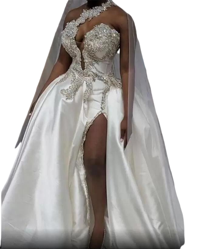 African Nigerian Plus Size Wedding Dresses Luxury Arabic Aso Ebi Crystals High Split puffy skirt Bridal Gowns One Shoulder